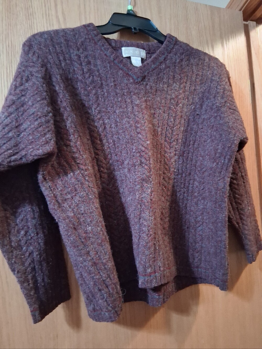 vintage shetland wool long sleeve sweater burgundy marled knit, large, rustic